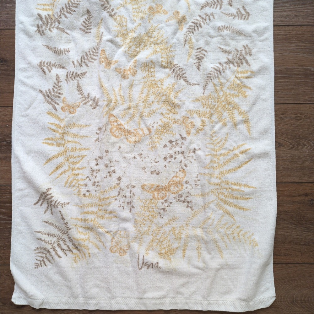 Vtg 70s Vera Neumann Bath Towels White Gold Butterfly Brown Fern MCM Set of 2 - Picture 6 of 9